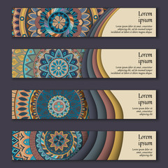 Banner card set with floral colorful decorative mandala elements background.