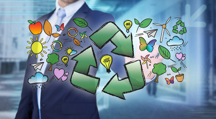 Businessman touching ecology interface with arrow recycling logo