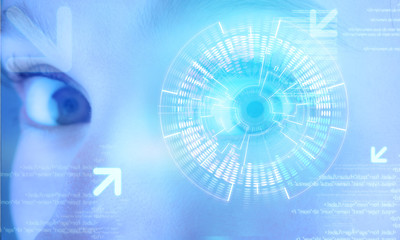 Futuristic technology user interface with an user eye on the bac