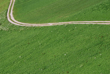 road in a field of grass