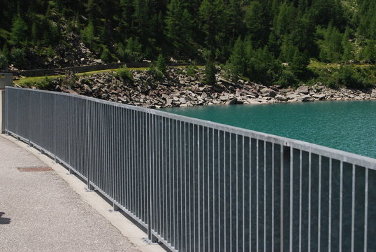 Dam of the lake Neves in Dolomites, Italy.