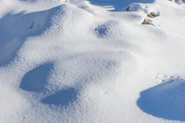 Winter snowy landscape with snow drifts in the forest