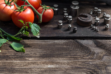 Tomatoes red to weigh on the old scale, a ripe tomato, food for sale, small business, agriculture,