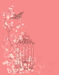 bird cage  and swallow among flowers and tree branches - spring season floral vector design