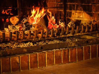 Closeup of burning fire in fireplace.