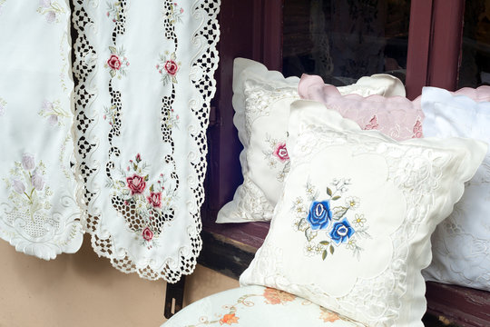 Embroidered home decor items on display in Saint Augustine, Florida
