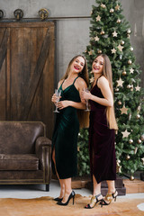 Twins celebrating New Year. Beautiful smiling sisters with long healthy hair wearing evening dresses drink champagne over Christmas tree. Winter holidays, celebration, people and friendship concept.