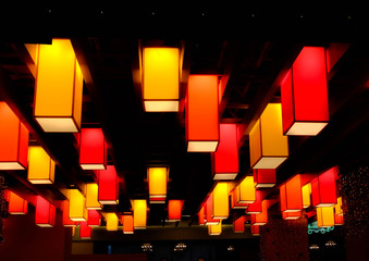 rectangular chandeliers on the ceiling