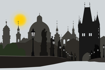 View of an Old town of Prague from Charles bridg. Vector illustration