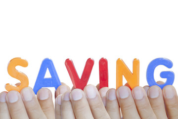 Man fingers showing "SAVING" text on white background