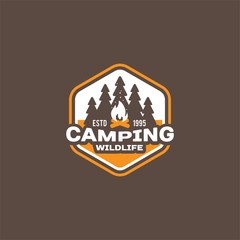 Camping and outdoor adventure retro logo, badge, sticker, stamp for your design. Summer and winter vacation insignia. Vector Illustration.