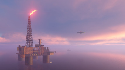 Fototapeta na wymiar 3d UFO above the station of oil in the ocean 