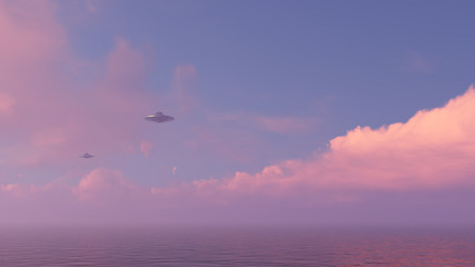 3d UFO above the ocean
