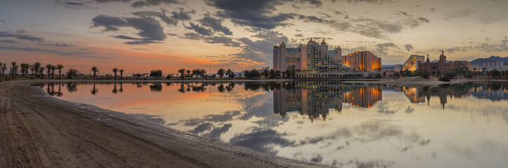 Panoramic colorful view on the Red Sea during sunset in Eilat - famous resort city in Israel 