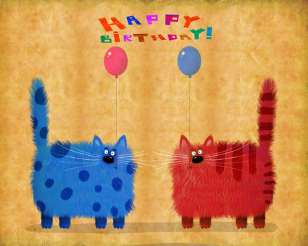 Birthday Card Cats Holding Balloons On Brown Background
