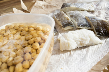 salted codfish and chickpeas in soaking