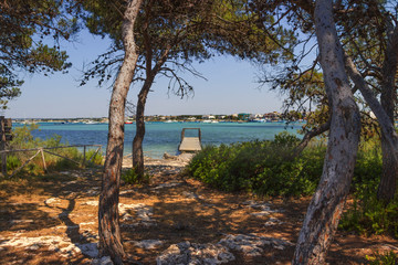 Summer holidays.Ionian coast of Salento:Porto Cesareo (Lecce).- ITALY (Apulia) -In the background Porto Cesareo  town seen from the Big Island (or Isola Grande) Nature Reserve.