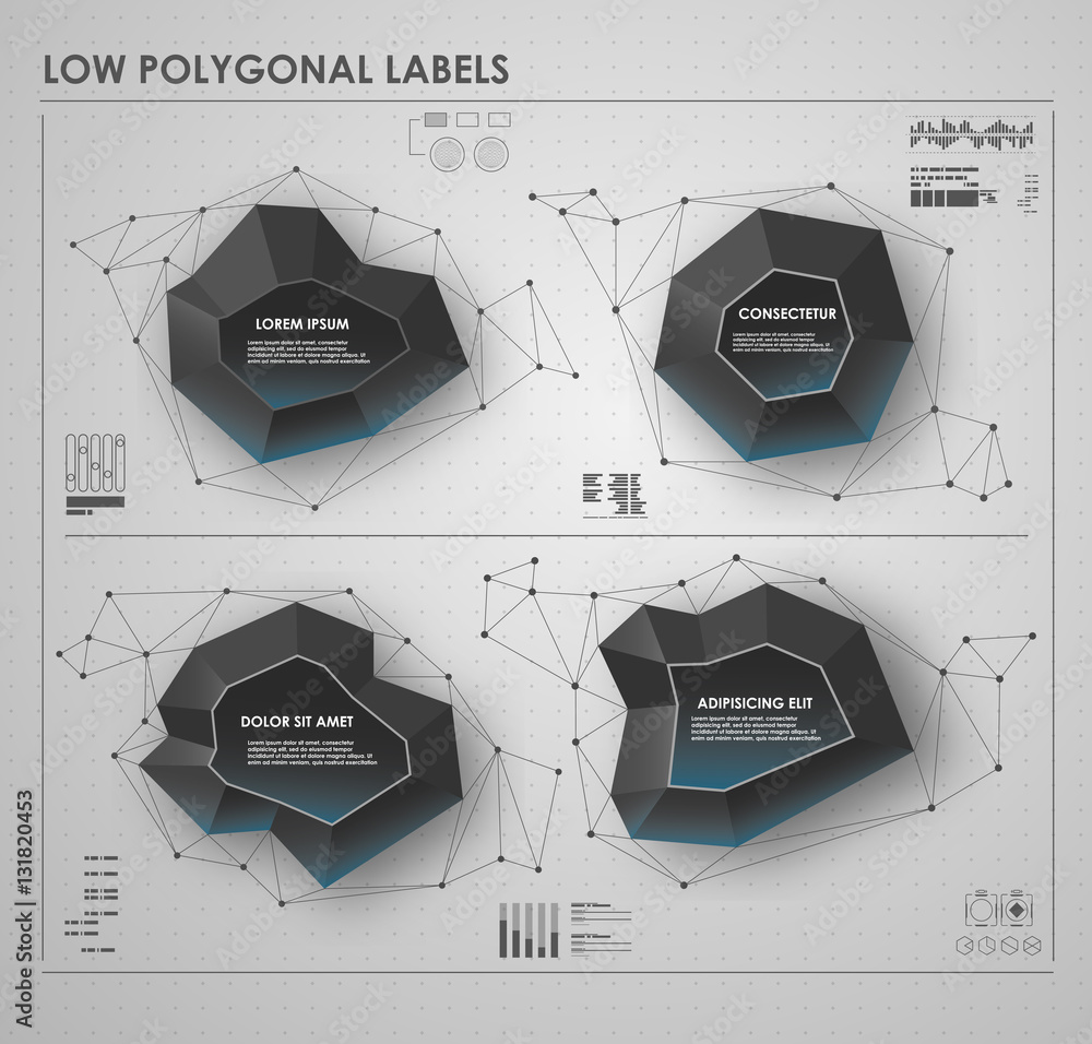 Poster black and white low polygonal labels. elements for hud interface