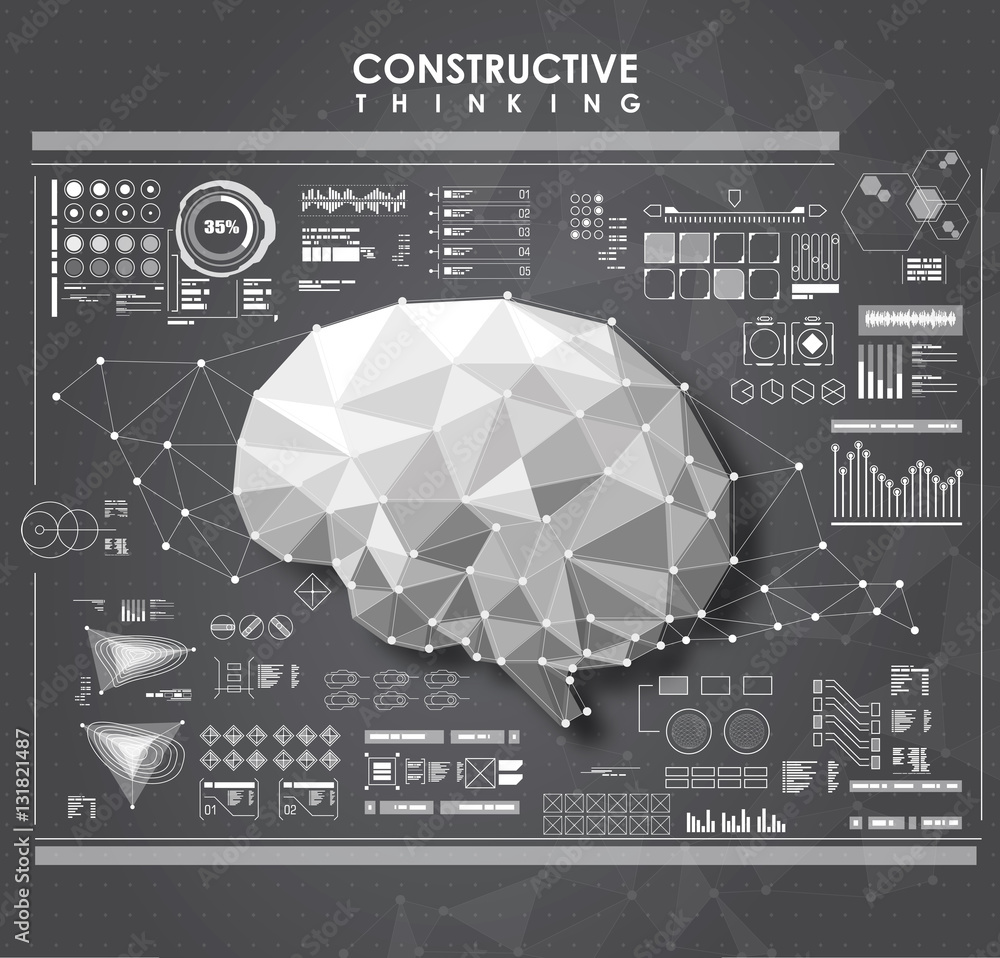 Poster conceptual polygonal brain with hud elements. futuristic user interface.
