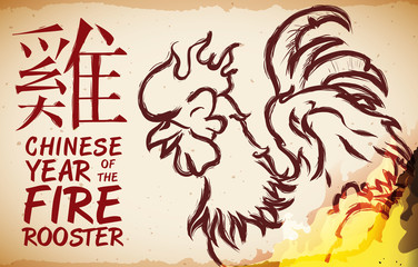 Fototapeta premium Rooster in Banner with Fire for Chinese New Year Celebration, Vector Illustration