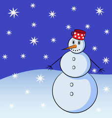 Funny snowman at night with white snowflakes on the blue background. Vector illustration.