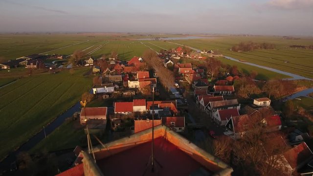 Old Dutch village with de-capped church, aerial