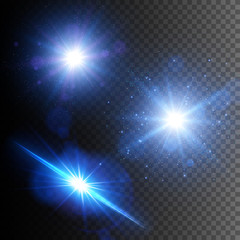 Glowing lights effects isolated on transparent background. Star burst with sparkles. Blue Lens Flare Set