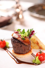 Dish - beef with salad and croutons