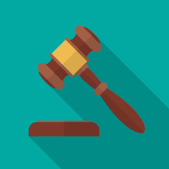 Judge gavel or auction hammer icon with long shadow. Flat design style. Judge hammer silhouette. Simple icon. Modern flat icon in stylish colors. Web site page and mobile app design vector element.
