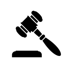 Judge gavel or auction hammer icon. Black icon isolated on white background. Judge hammer silhouette. Simple icon. Web site page and mobile app design vector element.
