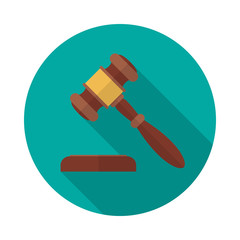 Judge gavel or auction hammer icon with long shadow. Flat design style. Modern round icon. Judge hammer silhouette. Simple circle icon. Web site page and mobile app design vector element.
