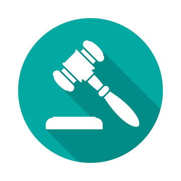 Judge gavel or auction hammer icon with long shadow. Flat design style. Modern round icon. Judge hammer silhouette. Simple circle icon. Web site page and mobile app design vector element.