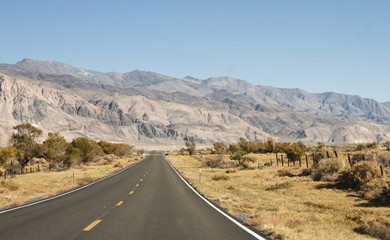 View of a straight section of route 190 to Death Valley National Park, with arid desert on the road-side and mountains to close the horizon against a clear blue sky