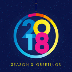 2018 seasons greetings happy new year card. Christmas ball consisting of colored vector 2018 numbers and text Season's Greetings on snow holiday background