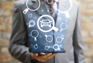 Business search shopping magnifier auto tablet computer web concept. Car automobile market zoom vision internet website technology