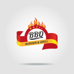 BBQ badge icon isolated concept. Freehand drawn logo sign template. Burger grill sticker. Round wreath shape frame with flame stars red ribbon emblem. Vector design idea of advertisement label symbol