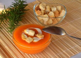 Creamy Butternut Squash Soup With Heavy Cream And Croutons.