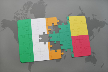 puzzle with the national flag of ireland and benin on a world map