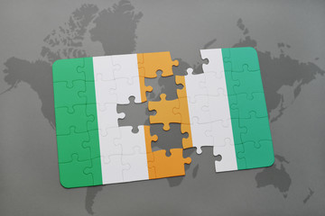 puzzle with the national flag of ireland and cote divoire on a world map