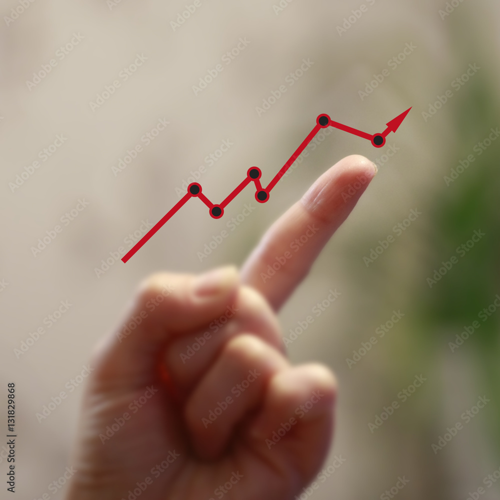 Poster business, finance, technology and internet concept - businessman pressing graph button on virtual sc