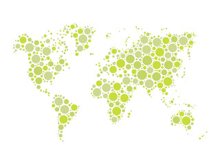 Fototapeta premium World map mosaic of blue dots in various sizes and shades on white background. Vector illustration. Abstract background theme.