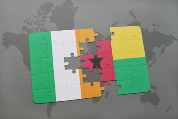 puzzle with the national flag of ireland and guinea bissau on a world map