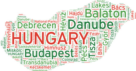 Hungary state map vector tag cloud illustration