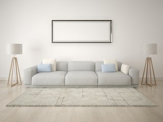 Mock up poster living room with empty frame on a white background.