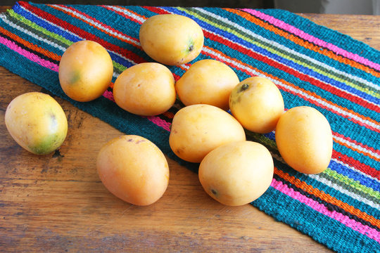 Whole Yellow Mangos on a Table