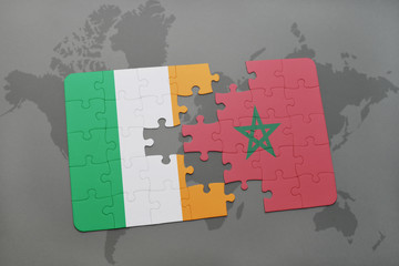 puzzle with the national flag of ireland and morocco on a world map