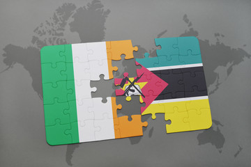 puzzle with the national flag of ireland and mozambique on a world map