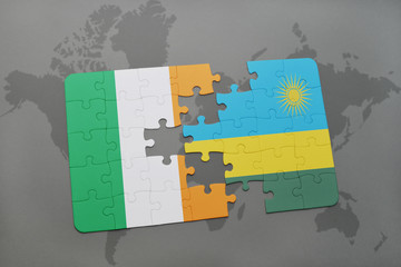 puzzle with the national flag of ireland and rwanda on a world map