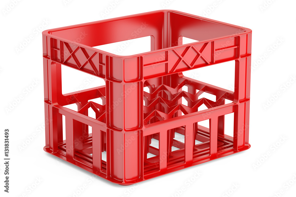 Poster empty red plastic storage box, crate for bottles. 3d rendering