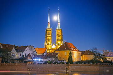 The Cathedral of St. John the Baptist on Tumski island at night in Wroclaw, Poland